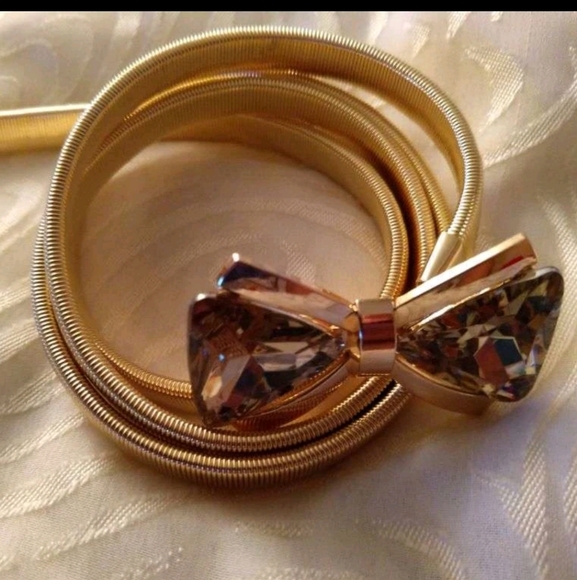 Metallic stretch Gold belt bow buckle waist cinch elegant evening dress - Picture 7 of 10